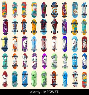 Große Skateboards und Skateboarden und Elemente der Street Style. In hellen Figuren in einem Cartoon Stil gemalt. Vector Illustration Stock Vektor