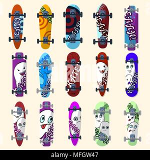 Satz von skateboards und Skateboarden und Elemente der Street Style. In hellen Figuren in einem Cartoon Stil gemalt. Vector Illustration Stock Vektor