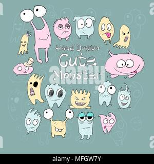 Satz von cute Cartoon Monster in verschiedenen Farben und Emotionen auf grünem Hintergrund. Vector Illustration Stock Vektor