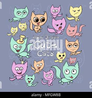 Satz von cute cartoon Katzen in verschiedenen Farben und Emotionen auf einem dunklen Hintergrund. Vector Illustration Stock Vektor