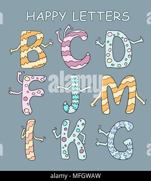 Satz von hellen cartoon Buchstaben mit den Händen auf einem dunklen Hintergrund für Ihr Design. Vector Illustration Stock Vektor