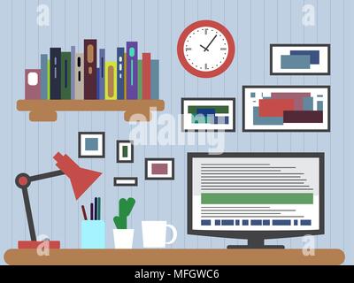 Flache Ausführung von modernen Büro Interieur mit Designer Desktop Übersicht design Anwendung mit Schnittstelle Symbole und Elemente im minimalistischen Stil und Farbe Stock Vektor