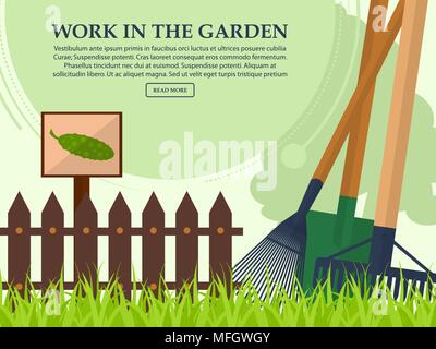 Garten Werkzeuge und ein Zaun auf einen hellen Hintergrund mit Platz für Ihren Text. Vector Illustration Stock Vektor
