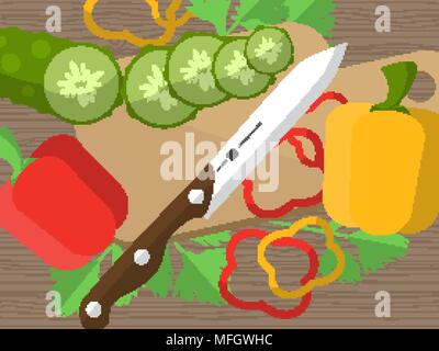 Stillleben mit in Scheiben geschnittenen Gemüse auf einem Tisch mit einem Messer, Schneidbrett und Petersilie. Vector Illustration Stock Vektor