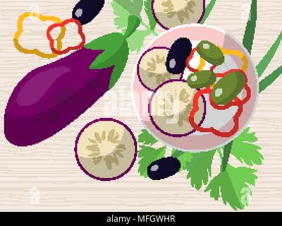 Stillleben mit Auberginen, Paprika, Oliven, frischen Kräutern und einen Teller auf dem Tisch. Vector Illustration Stock Vektor
