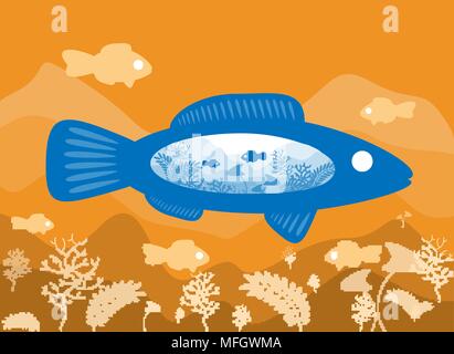 Fisch auf dem Hintergrund der Meeresboden mit einer abstrakten Darstellung der Welt. Vector Illustration Stock Vektor