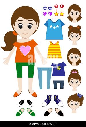 Große Kleider für die Mädchen Konstruktor. Frisur, Kleidung, Schuhe, Hosen, T-shirt. Vector Illustration Stock Vektor