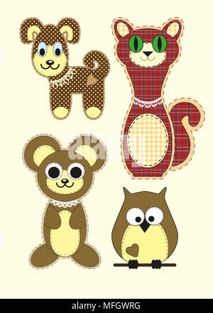 Satz von Cute cartoon Teddybär, Katze, Hund, Eule in flacher Ausführung für Grußkarten, Einladungen und Logo mit Stoff Textur. Vector Illustration Stock Vektor
