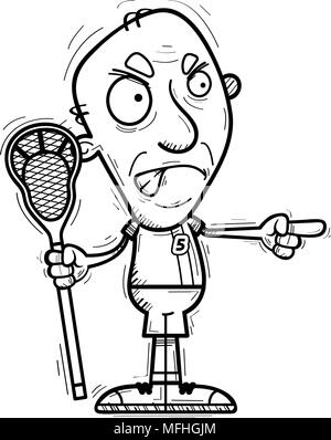 Ein Cartoon Illustration eines älteren Bürgers Mann lacrosse Spieler, wütend und zeigen. Stock Vektor