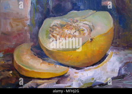 Melone. Öl auf Leinwand Textur. Von Hand bemalt. Moderne Kunst. Stockfoto