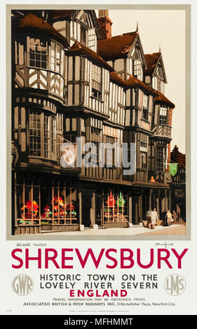 Der hrewsbury - Historische Stadt am schönen Fluss Severn England' Tourismus Plakat 1938 für den amerikanischen Markt mit Irland's Mansion ca. 1575 für eine Wolle gebaut namens John Irland. Artwork von Claude Gurtschloss (1905-1973) für die Great Western Railway und der London, Midland and Scottish Railway. Stockfoto