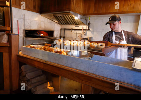 Frisch gebackene Backofen-Bagels im Black Seed, 176 1. Ave, New York Stockfoto