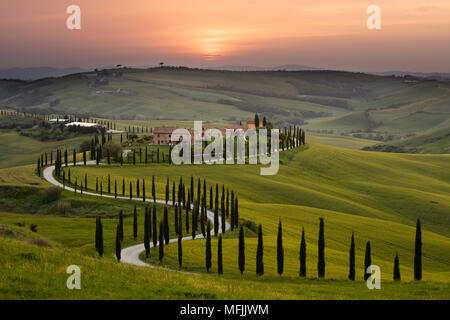 Sonnenuntergang über dem Agriturismo Baccoleno in der Nähe von Asciano in der Toskana, Italien, Europa Stockfoto