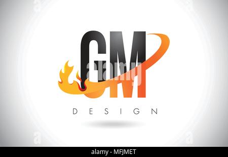 GM G M schreiben Logo Design mit Feuer Flammen und Orange Swoosh Vector Illustration. Stock Vektor