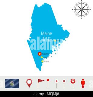 Maine Vektorkarte isoliert auf weißem Hintergrund. High Ausführliche Silhouette von Maine State. Vektor Flagge Maine. 3D-Karte, Marker oder Zeiger, Navigation E Stock Vektor