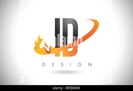 ID I D schreiben Logo Design mit Feuer Flammen und Orange Swoosh Vector Illustration. Stock Vektor