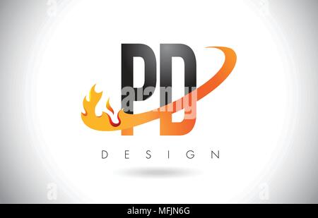 PD P D schreiben Logo Design mit Feuer Flammen und Orange Swoosh Vector Illustration. Stock Vektor