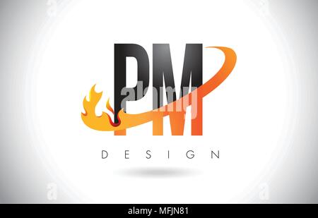 PM P L Schreiben Logo Design mit Feuer Flammen und Orange Swoosh Vector Illustration. Stock Vektor