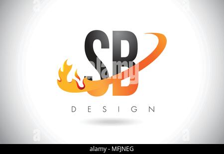 SB S B Schreiben Logo Design mit Feuer Flammen und Orange Swoosh Vector Illustration. Stock Vektor