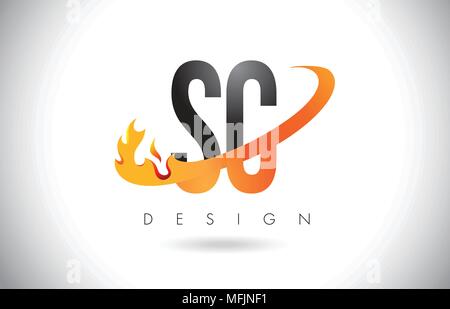 SC S C Schreiben Logo Design mit Feuer Flammen und Orange Swoosh Vector Illustration. Stock Vektor
