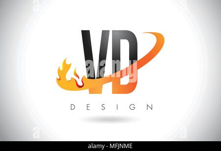 VD V D schreiben Logo Design mit Feuer Flammen und Orange Swoosh Vector Illustration. Stock Vektor