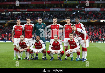 London, Großbritannien. 26. April 2018. Arsenal team Foto während der UEFA Europa League Halbfinale Hinspiel Spiel zwischen Arsenal und Atletico Madrid im Emirates Stadium am 26. April 2018 in London, England. Credit: PHC Images/Alamy leben Nachrichten Stockfoto