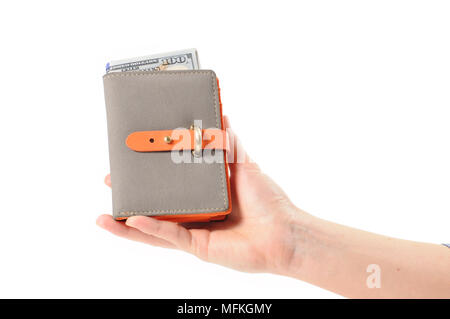 Frauen Hände halten Lederetui Stockfoto