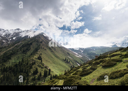 Malerische Aussicht auf grüne majestätische Berge und schneebedeckten Gipfeln. Schöne dramatische Wolkenhimmel. Region Süd von Kasachstan. Stockfoto