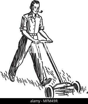 Man mähen Rasen - Retro Clipart Illustration Stock Vektor