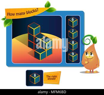 Lernspiel für Kinder, Puzzle. Entwicklung des räumlichen Denkens bei Kindern (geeignet sowohl für Kinder und Erwachsene). Aufgabe Spiel Wie viele Blöcke? Stock Vektor