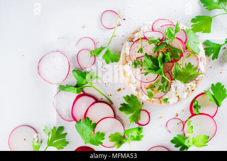 Gesunde Snack mit Knäckebrot, Rettich Scheiben, Petersilie, Hüttenkäse und Pfeffer. Einfaches Frühstück Konzept in high key mit kopieren. Stockfoto