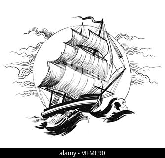Segelschiff auf stürmischer See. Tinte schwarz-weiss Zeichnung Stockfoto