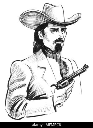 Wild w est Charakter mit einem Revolver Pistole. Tinte schwarz-weiss Zeichnung Stockfoto
