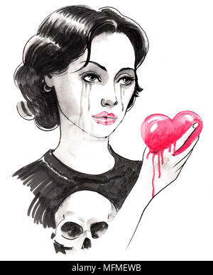 Schreiende Mädchen mit einem blutenden Herzen, Tinte schwarz-weiss Zeichnung Stockfoto