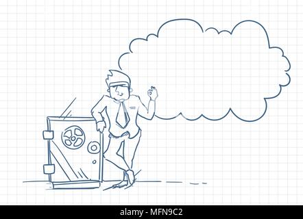 Skizze der Mann, der an einem sicheren Speicherort Bank Doodle auf kariertem Papier Hintergrund Stock Vektor