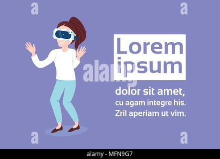 Frau mit VR-Brille auf grünem Hintergrund mit Kopie Raum moderne Virtual Reality Technologie Konzept Stock Vektor