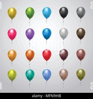 Sammlung von Helium Luftballons bunt mit Bändern auf grauem Hintergrund Urlaub Dekoration eingestellt Stock Vektor