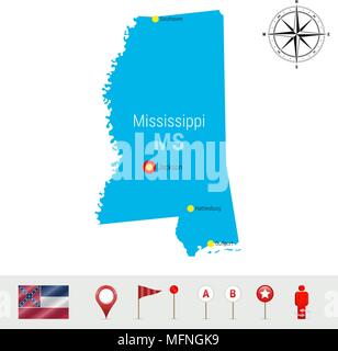Mississippi Vektorkarte isoliert auf weißem Hintergrund. Detaillierte Silhouette von Mississippi Zustand. Vektor Flagge Mississippi. 3D-Karte, Marker oder Zeiger, Stock Vektor