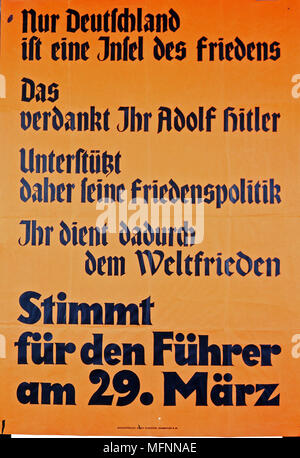 Wahl Plakat, Deutschland, ermahnen Menschen 29. März 1933 für den Führer (Hitler) abstimmen. Stockfoto