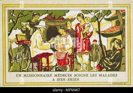 Medizinischer Missionar in China die Behandlung eines Patienten. Karte veröffentlicht c1930. Stockfoto