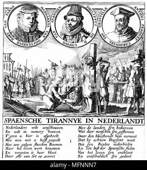 Spanische Tyrannei in Nertherlands. Portraits sind Margarete von Parma, Spanisch Regent in Niederlande (1559-67), Philipp II. von Spanien, und Antoine Granvell, spanischen Diplomaten und Prälaten. Hauptbild, Durchführung der Hugenotten. Der Mensch im Vordergrund behandelt werden bin ercifully" durch garotted vor Flammen gelangen. Kupferstich Stockfoto