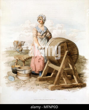 Frauen machen Butter. Hölzernen Butterfass, Eimer, Form, etc. Von William Henry Pyne "Tracht of Great Britain" London 1808. Farbe Stockfoto