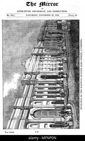 Fassade des Bahnhof Lime Street, Liverpool, England. Erste Pkw Bahn der Welt, der Liverpool und Manchester Railway eröffnet am 15. September 1830. Der Principal Engineer war George Stephenson (1781-1848). Von "der Spiegel der Literatur, Unterhaltung und Belehrung", (London, 1838). Holzschnitt. Stockfoto