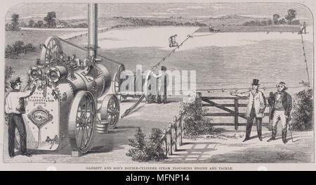 Tragbare Dampfmaschine von Garrett & Söhne, Ipswich, mit Pflügen zu zeichnen (rechts im Hintergrund) hin und her über ein Feld pflügen verwendet wird. Gravur c 1860. Stockfoto