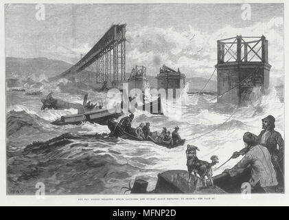 Tay Bridge disaster, 28. Dezember 1879. Steam startet und Taucher "barge, die sich an der Suche nach dem Wrack. Gravur von "Illustrated London News", 1879. Stockfoto