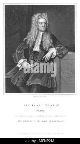 Isaac Newton (1642-1727). Englischer Mathematiker und Physiker. Gravur (1836) nach dem Porträt von Godfrey Kneller. Stockfoto