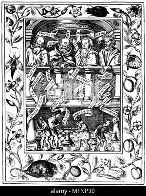 Die vier großen alchemisten. Von links nach rechts: Al-Jabir (Hezjon-geber 14. Jahrhundert Spanisch) oder Arnold Arnald von Villanova (Französisch c1240-c1310) Rhazes (Abu Bakr al-Razi, 9. Jahrhundert Persisch) und den legendären Hermes Trismegistes Blick nach unten auf die Arbeiter in einem Labor. Von Elias Ashmole 'Theatrum Chemicum Britannicum" London 1652. Stockfoto