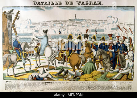 Napoleon in der Schlacht bei Wagram, 5./6. Juli 1809. Entscheidende Sieg Frankreichs unter Napoleon über die Österreicher unter Erzherzog Karl führte zu Waffenstillstand von Zniam. Beliebte Französische handkolorierter Holzschnitt. Stockfoto