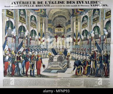 Innenansicht der Kirche von Les Invalides, Paris, Frankreich, die Rezeption die Überreste von Napoleon I. nach seiner Rückkehr aus St. Helena: 15. Dezember 1840. Jahrhundert französische beliebte Handkolorierter Holzschnitt. Stockfoto