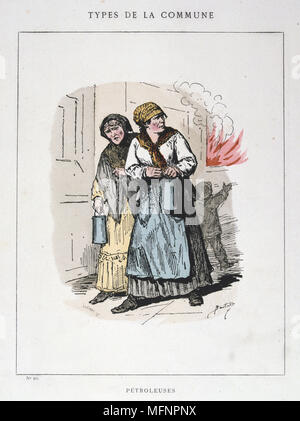 Pariser Kommune 26 März-28 Mai 1871. Gemeinde Arten: zwei Petroleuses, auf die Frauen incendiaries, die Brände in der Stadt. Stockfoto